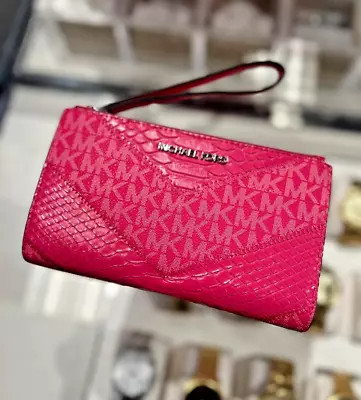 Michael Kors Large Double Zip Wristlet Credit Card MK Logo Wallet Electric Pink • $105