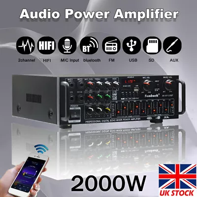 Bluetooth Digital Power Amplifier Stereo HIFI Audio 2CH USB FM SD Remote 2000W • £39.80