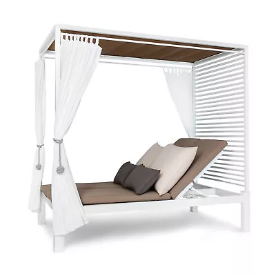 Sun Lounger Garden Furniture Reclining Day Bed Outdoor Canopy And Curtains Beige • £1063.32