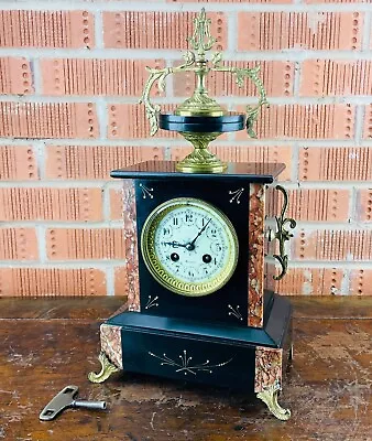 Antique Victorian French Bell Chiming Mantel Clock Black Slate & Marble 8 Day • $29.05