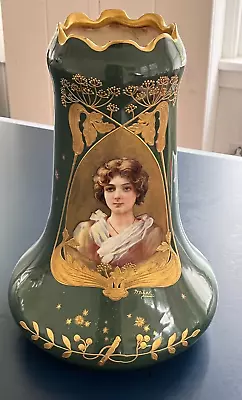 Stunning Huge Antique Royal Bonn Mehlem Green Hand Painted Woman Portrait Vase • $299.99