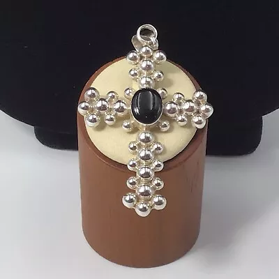 Sterling Silver Large Cross Pendant Black Onyx Bead Design Taxco 17g 3” X 1.75” • $89