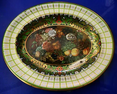 Vintage DAHER Decorated Ware Oval Tin BOWL Serving Dish Green Flowers Fruits • $10.39