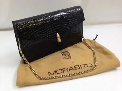 Auth Morabito Crocodile Chain Shoulder Bag Party Black Gold 7K290130S  • $898