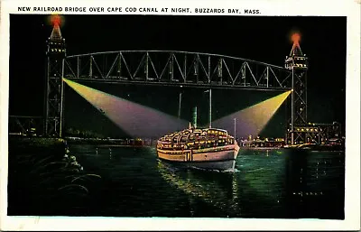 Night View New Railroad Bridge Over Cape Cod Canal Ferry Linen Postcard • $9.86