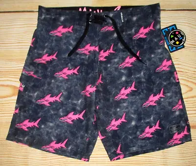 Mens Maui And Sons Sharks Charcoal Black 4-way Stretch Swim Board Shorts Size 34 • $29.90