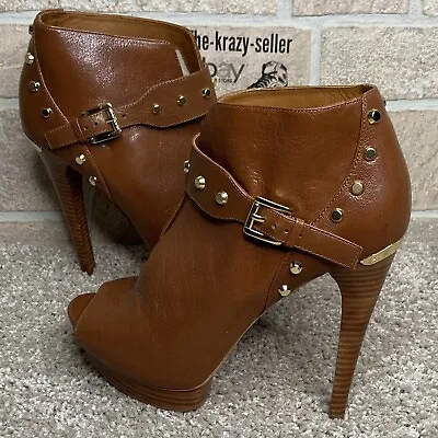 MICHAEL KORS Ailee Studded Walnut Platform Leather Open Toe Heels Shoes Size 9M • $89