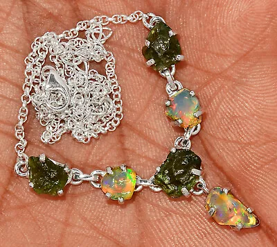Natural Ethiopian Opal Rough & Moldavite 925 Silver Necklace Jewelry SN18933 • $73.99