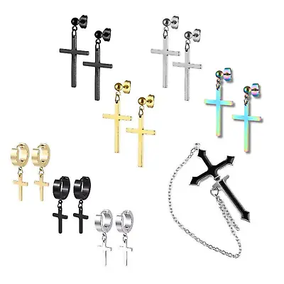 Cross Earrings Men Women Stainless Steel Hoop Earring Silver Gold Black Crucifix • £3.29