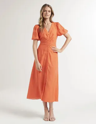 $90 • Buy Forever New Arabella Puff Sleeve Linen Midi Dress In Atomic Orange Size 6 BNWT