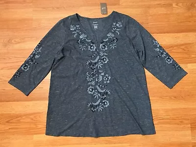 J Jill Pure Jill Embroidered Jersey Tunic Womens L Blue V-Neck Side Slit Light • $34.95