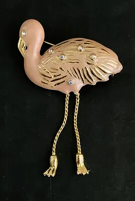 Vintage Pink Enamel Flamingo Dangle Legs Rhinestones Gold Tone Brooch Pin Signed • $10.50