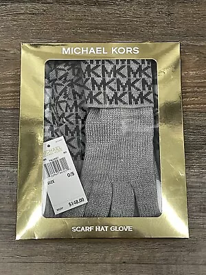 Michael Kors Logo Scarf Beanie Hat Gloves Set Gray & Black NWT $148 Retail • $44.99