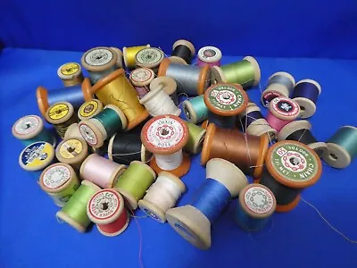 WOOD SEWING THREAD SPOOLS COTTON SILK PARTIALLY FULL LOT Of 44 COATS EXCELSIOR • $14.20