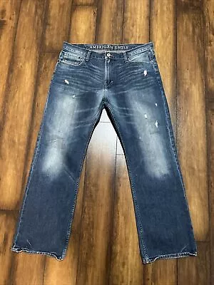 AMERICAN EAGLE Jeans Men's 36x32 Low Bootcut Dark Wash Distressed Denim Blue • $34.98