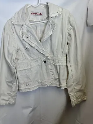 Vintage Little White Jacket Sz Large Beaded Shabby Chic Fringe Mag • $19.99