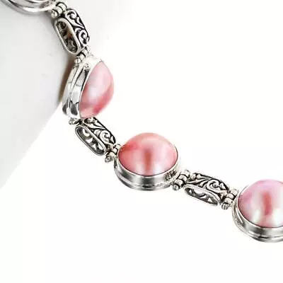 925 Silver 5 Filigree Link Pink Mabe Cultured Pearl Sterling Bracelet 7-8  • $99.95