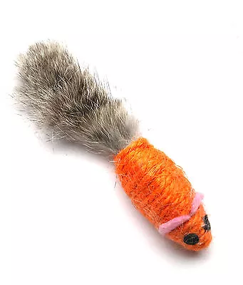 Sisal Mouse Cat Toy- Real Rabbit Fur Tail - Orange • $3.99