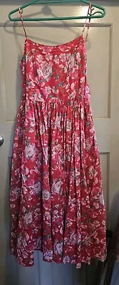 Vintage Laura Ashley 16 Cotton Bright Pink Floral Strappy Midi Dress • £7.50