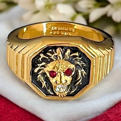 Vintage Signet Ring Clark And Coombs Size 12 Lion Crystal Gold Plate Gent's 14P • $94.99