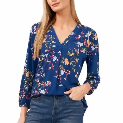 Two By Vince Camuto Floral V-Neck Blouse Women's Size Teal Floral M 8/10 • $17.95