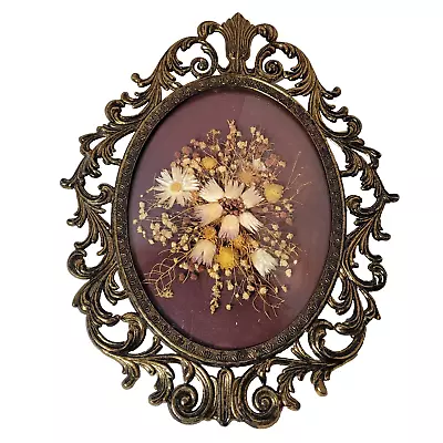 VTG Italian Italy Brass Ornate Baroque Framed Bubble Glass Dried Flowers • $29.95