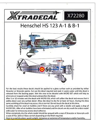 Xtra Decals 1/72 HENSCHEL Hs-123A-1 & B-1 German WWII Bomber • $14.99