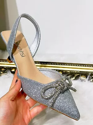 New Womens Ladies Diamante Mid Heel Strap Pointed Toe Party Wedding Sandal Shoes • £14.24