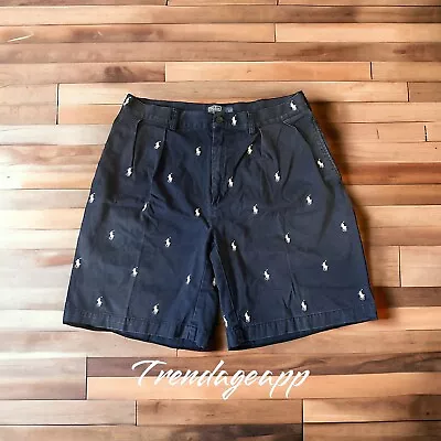 Polo Ralph Lauren Tyler Shorts Men's Sz 34 Blue Pleated AOP All Over Pony • $23.95