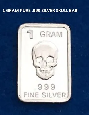 $4 • Buy SKULL - 1 GRAM GR G .999 Fine Pure Solid Silver Bullion Bar