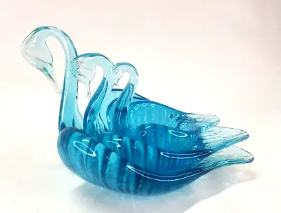 Vtg Aqua Blue Art Glass Nesting Swans Set Of 3 Graduated 7  4.5  3  AS IS Dishes • $27