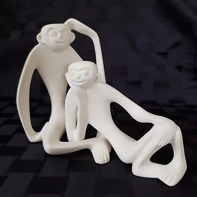 1960s Mid-Century Modern Monkey Figurine Pair White Unglazed Pottery  • $48