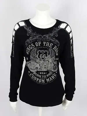 Womens Vocal Black Motorcycle Laser Cut Long Sleeve Shirt Top W/Stones Plus Size • $35.96