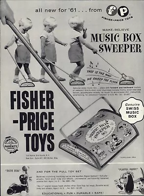 1961 PAPER AD Fisher Price Toy Music Box Sweeper Playful Puppy Suzie Seal Pull  • $19.99