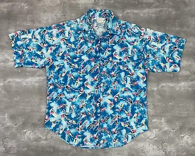 Vintage 90s COLUMBIA Button Up Pocket Shirt Ladies M AOP Fishing Fly Lure Blue • $29.95