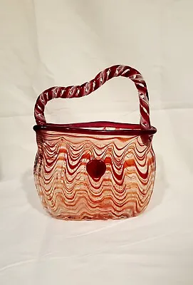 Rare Vintage Murano Glass Purse Vase Red Wave With Handle • $38