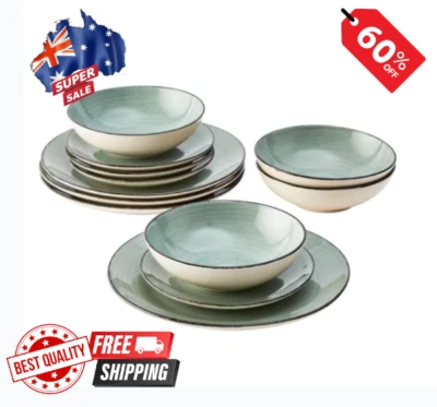 12 Piece Stoneware Dinner Set Green 4 Dinner Plates/4 Side Plates/4 Bowls Tapas • $35.50