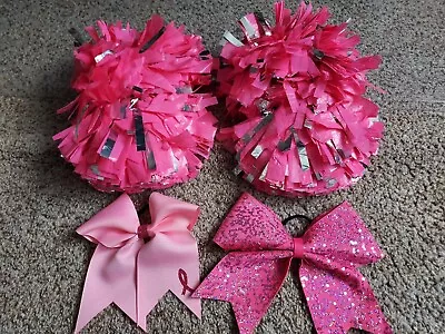 Breast Cancer Awareness Lot Pink Pom Poms Set & 2 Cheerleader Hair Bows In EUC • £15.43