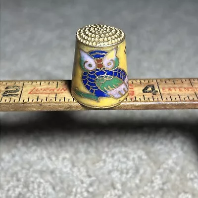 Vintage Owl Cloisonne Sewing Thimble Yellow & Blue • $5