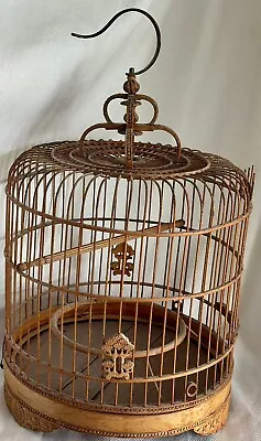 Vintage Bamboo Bird Cage Ornate With Metal Hook Carvings Perch • $99.99