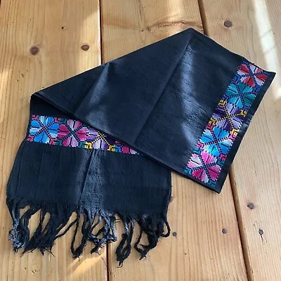 Maya Mexican Chiapas Black Rectangle Embroidered Tablerunner Long Scarf 11x50In • $16