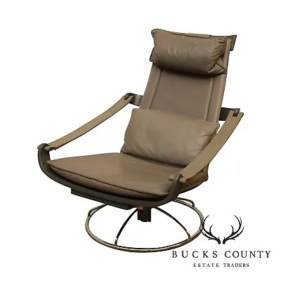 Mid Century Modern Grey Leather Chrome Base Swivel Lounge Chair • $895