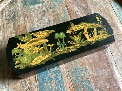 $59 • Buy Vintage ‘70s Handmade Black TOLE WOOD & Red VELVET Box MUSHROOM Decoupage SIGNED