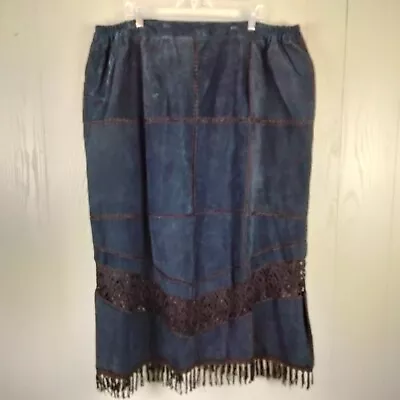 Vintage 80s Suede Skirt 3X Plus Black Patchwork Fringe Midi Lined Leather NWT • $35