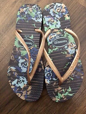 Havaianas Slim Gold Toe Post Flip-flops Navy & Green Floral Insoles Fit Uk 5-6 • £8.99