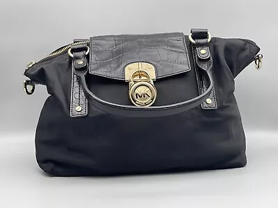 Michael Kors Hamilton Croc Nylon Leather Large Shoulder Bag Handbag Purse Black • $33.95