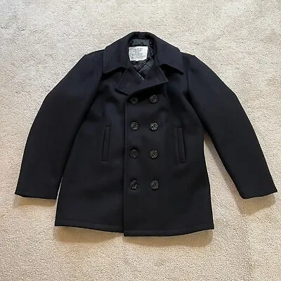 US Navy Pea Coat 100% Wool Military Sz 38 USA Made Black Double Breasted • $84.97