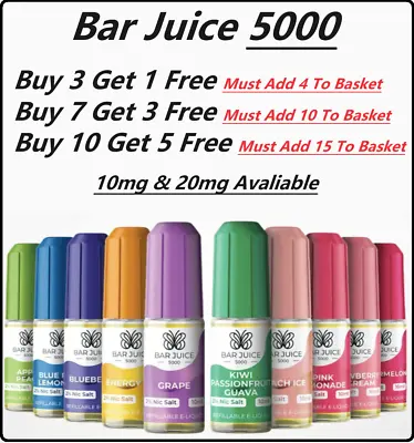 BAR JUICE 5000 Nic Salt 10ml E Liquid 10mg / 20mg Vape Juice 50/50 VG/PG   • £2.49