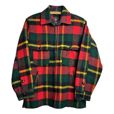 Vintage Johnson Woolen Mills Men's Shirt Jacket Wool Plaid Full Zip-Up Size L • $89.95