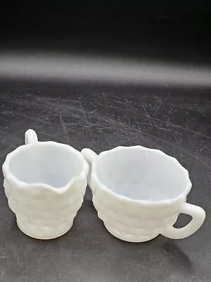 Vintage White Milk Glass Sugar Bowl And Creamer Diamond Cut 2.5  Tall Set • $8.99